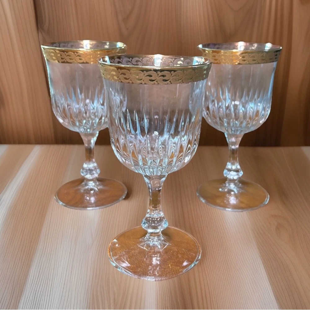 SALE! Antique Etched 22 Karat Gold Gilt Rim Glasses 4.75” SET OF 3 GOBLETS